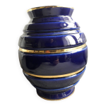 Grand vase vintage en cramique bleu et or