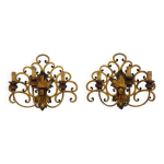 Grande paire d'appliques murales italiennes en fer forg� dor� 3 feux. 50