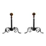 Grande paire de chenets de cheminée en fer forgé et boule laiton. xixème Grande paire de chenets de cheminée en fer forgé et boule laiton. xixème
