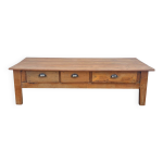 Grande table basse ancienne en bois massif fr�ne avec 3 tiroirs