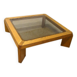 Grande table basse en chêne et verre fume, 1970 Grande table basse en chêne et verre fume, 1970