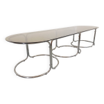 Grande table à manger ovale modulable vintage en verre fumé métal chromé style space age années 70 Grande table à manger ovale modulable vintage en verre fumé métal chromé style space age années 70
