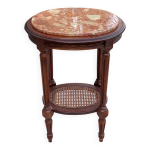 Guridon ovale style louis xv en merisier massif, marbre rose et cannage