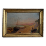 Huile sur carton reprsentant un bateau sur une cte rocheuse