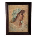 Huile sur isorel, portrait de jeune fille au foulard bleu monogramme mp