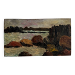 Huile sur panneau bord de mer rochers par f. viaus xxe