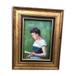 Huile sur toile 19me la liseuse au jardin