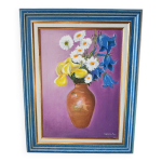 Huile sur toile florale encadr�e, nature morte vintage