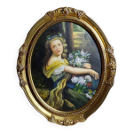 Huile sur toile, portrait mdaillon, cadre en bois et stuc dors vintage