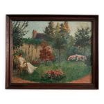 Huile sur toile scène de parc avec une femme assise dans un fauteuil Huile sur toile scène de parc avec une femme assise dans un fauteuil