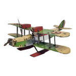 Hydravion biplan meccano en tle, jouet ancien 1930, avec pilote, 49 cm