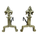 Imposants anciens chenets  fleur de lys  en bronze massif, fin xix�me