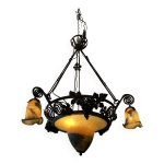 Imposant lustre contemporain de style art dco, pte de verre et fer forg