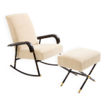 Jacques adnet fauteuil  bascule et ottoman cuir et velours de mohair 1950