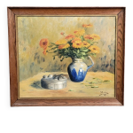 Jacques cartier 1936 : huile sur toile nature morte aux fleurs