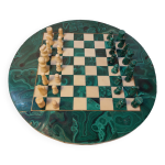Jeu d'checs vintage complet en malachite et pierre blanche