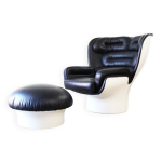 Joe colombo elda chaise + pouf en cuir noir et coque en fibre de verre blanche
