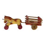 Jouet  tirer en bois, attelage double et charrette, jouet ancien