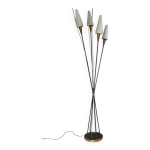 Lampadaire roseaux vintage mtal noir et laiton quatre opalines blanches