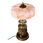 Lampe 1900 laiton bronze bois, abat jour opaline marbr� 43x23 inter a tiret