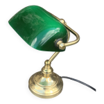 Lampe de banquier en laiton dore, globe rglable en opaline vert, vintage