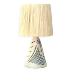 Lampe blanche et bleue en céramique, abat jour en raphia Lampe blanche et bleue en céramique, abat jour en raphia
