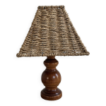 Lampe en bois, abat - jour corde, annes 70
