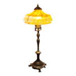Lampe en bronze ancienne, abat - jour en pte de verre jaune marbr