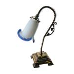 Lampe bronze art dco et sa tulipe pate verre blanche et bleu 40x30