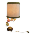 Lampe, capodimonte, fleurs porcelaine, polychrome, feuilles laiton, socle marbre griotte, abat - jour ...