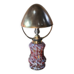 Lampe champignon 1910 superbe pied en verre multicolores , abat jour laiton orientable , 39x19