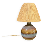 Lampe en grs cramique vintage sign jm annes 70 80 abat - jour corde raphia bohme