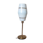 Lampe à poser métal doré abat jour mid - century blanc à rayures Lampe à poser métal doré abat jour mid - century blanc à rayures