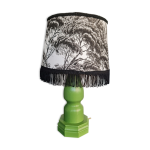 Lampe pied bois bniste abat jour tissus cyprs blanc et noir