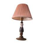 Lampe pied cramique et bronze, abat jour pliss vieux rose 48x29 art deco