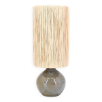 Lampe de potier en grs, abat jour raphia, cramique annes 70