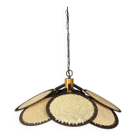 Lampe suspendue en macram� avec ventilateur uchiwa en fibre de rotin, ann�es 1970.