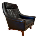 Large fauteuil design scandinave aage christiansen cuir noir 1950.