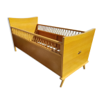Lit scandinave enfant bois pieds compas avec rotin courb vintage