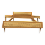 Lit vintage en chne et rotin + 2 chevets assortis annes 50 / 60 facture