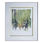 Lithographie de yan kerfily encadre loupe d'orme. sujet course de chevaux trot attel 2 sulky.