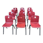 Lot de 12 chaises galvanitas s30 rouge framboise et acier gris annes 70