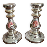 Lot de 2 bougeoirs en verre mercuris dcor floral peint  la main ancien