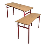 Lot de 2 bureaux d'colier double 1970 acier rouge et chne