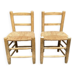 Lot de 2 chaises en bois brut et paille années 50 Lot de 2 chaises en bois brut et paille années 50