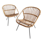 Lot de 2 chaises longues en rotin annes 1960