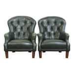 Lot de 2 fauteuils chesterfield en cuir de vachette vert de style anglais
