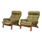 Lot de 2 fauteuils de salon rybo rykken en cuir vert olive avec accoudoirs