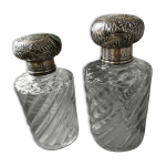 Lot de 2 flacons en cristal modèle bambou bouchon argent massif Lot de 2 flacons en cristal modèle bambou bouchon argent massif