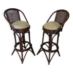 Lot de 2 tabourets / chaises de bar pivotants - bois - cannage - rotin - annes 80